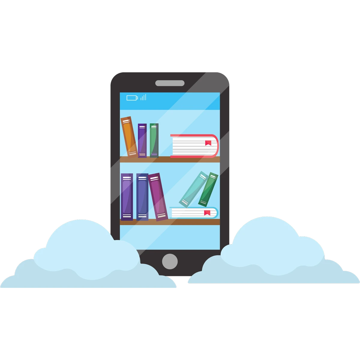 animerad bild på en mobil med ett bokbibliotek på skärmen, ska symbolisera apputveckling