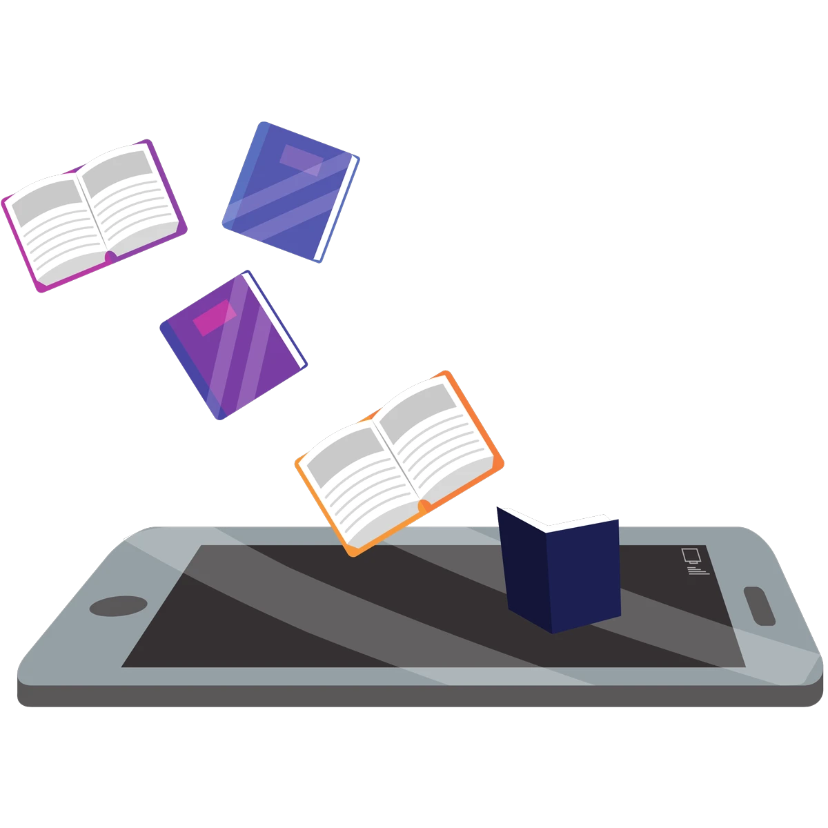 Animerad bild på en mobiltelefon med böcker ovanför, ska symbolisera "boka föreläsare" och kunskap.